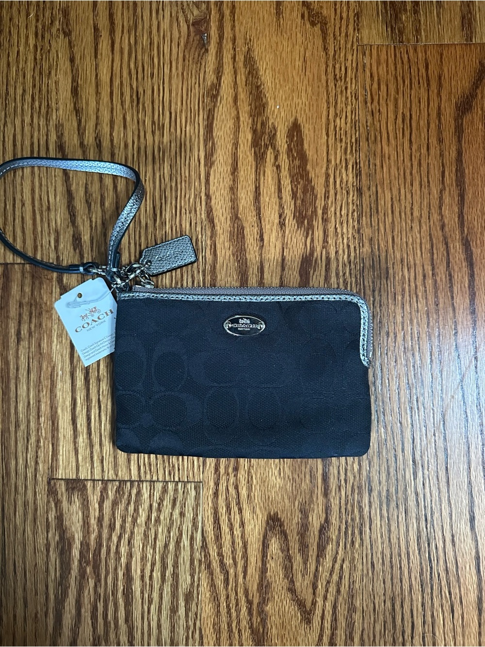 NWT Coach Black Signature Wristlet Pouch with Silver Trim